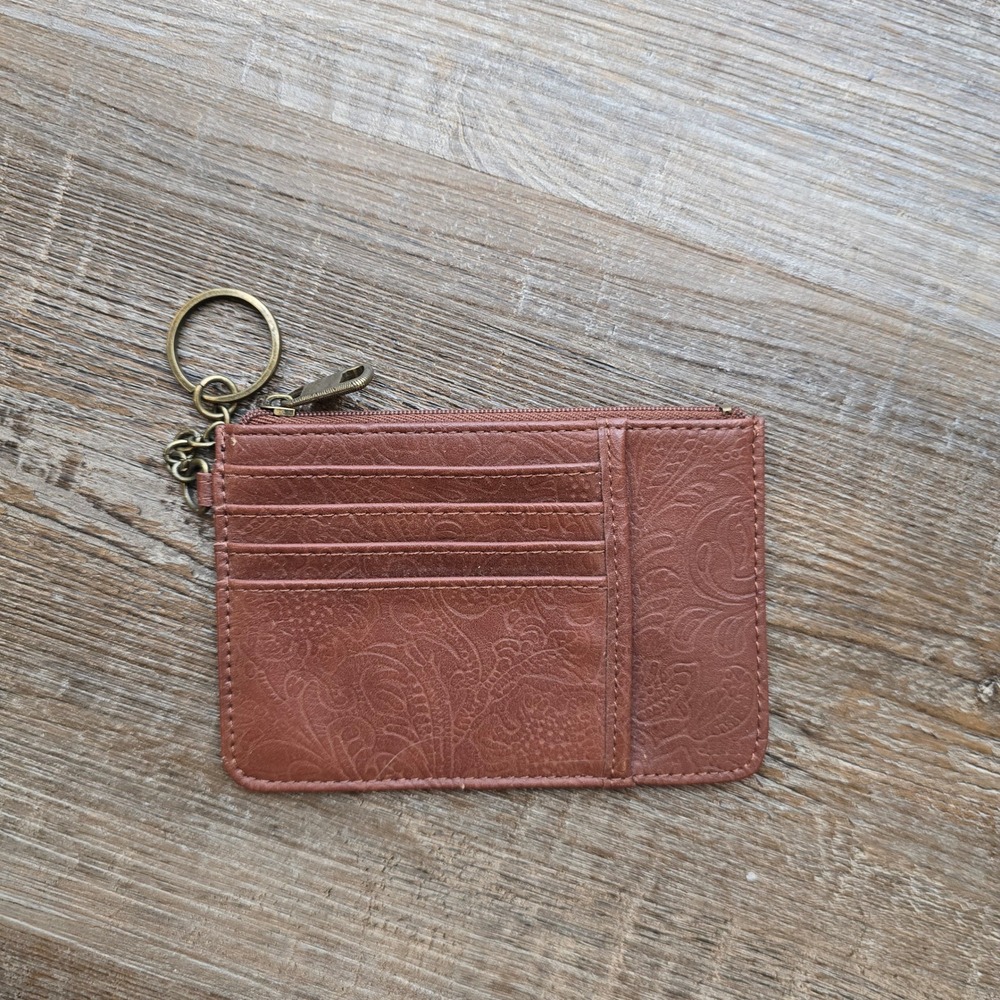 Brown Embossed Floral Paisley Faux Leather Card Holder Keychain Wallet